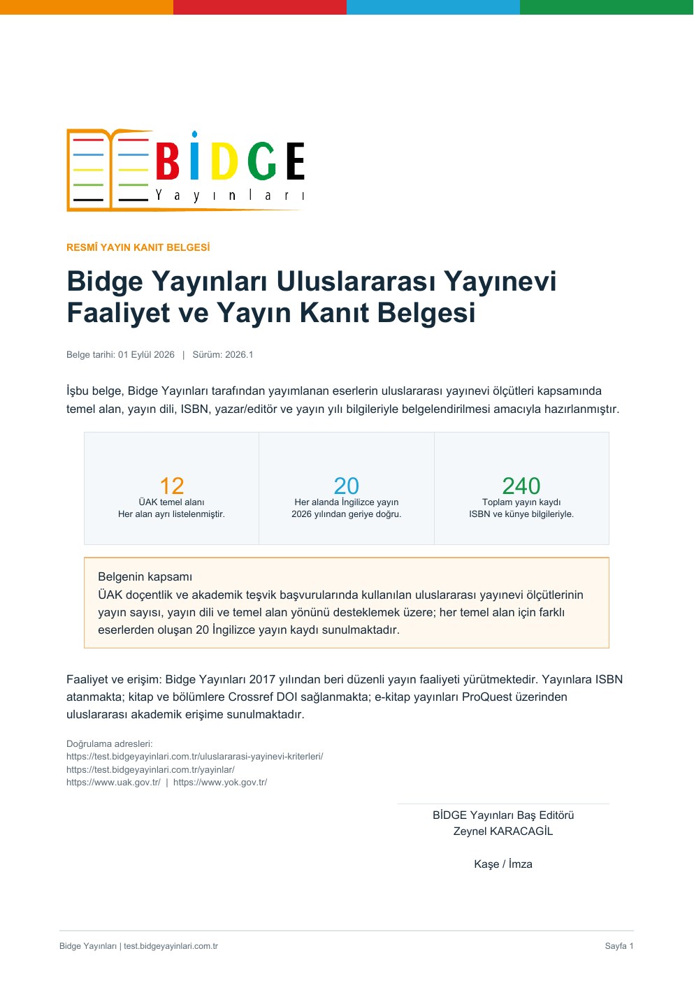 Bidge Yayınları 2026 Uluslararası Yayınevi Kriterleri Doğrulama Dosyası kapak sayfası